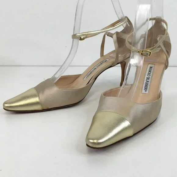 Manolo Blahnik Golden Cap Toe Ankle Strap Pumps Size 37.5